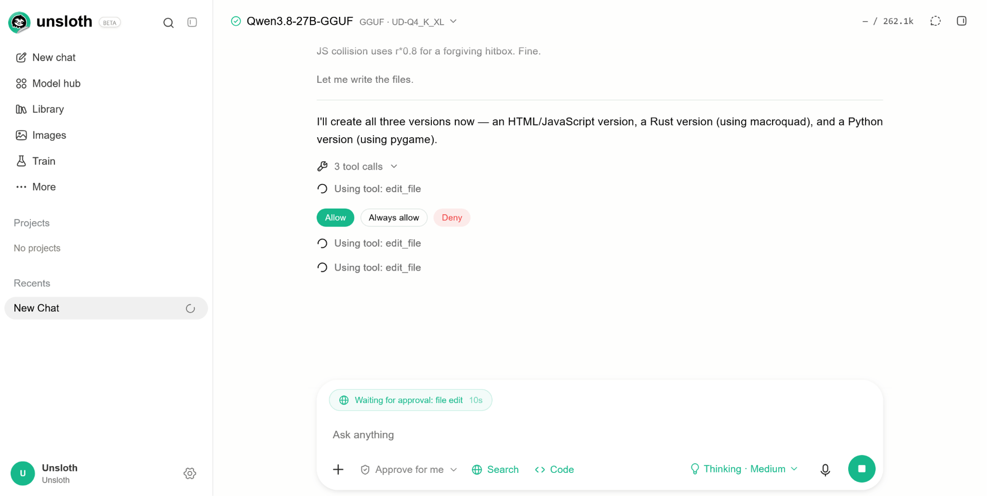 A file edit tool request waiting for approval with Allow, Always allow and Deny buttons