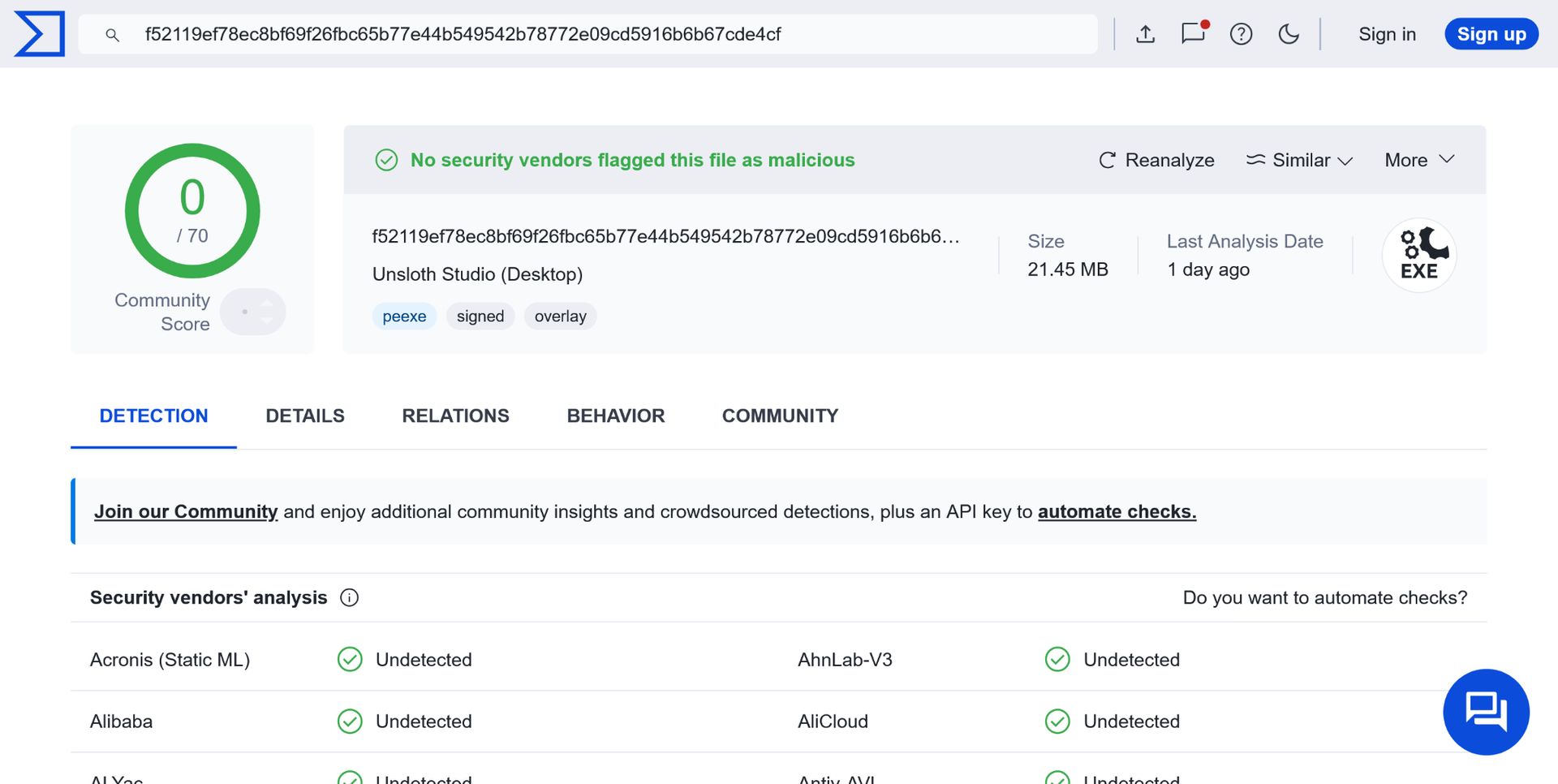 VirusTotal result for an Unsloth Desktop release showing zero detections from 70 vendors