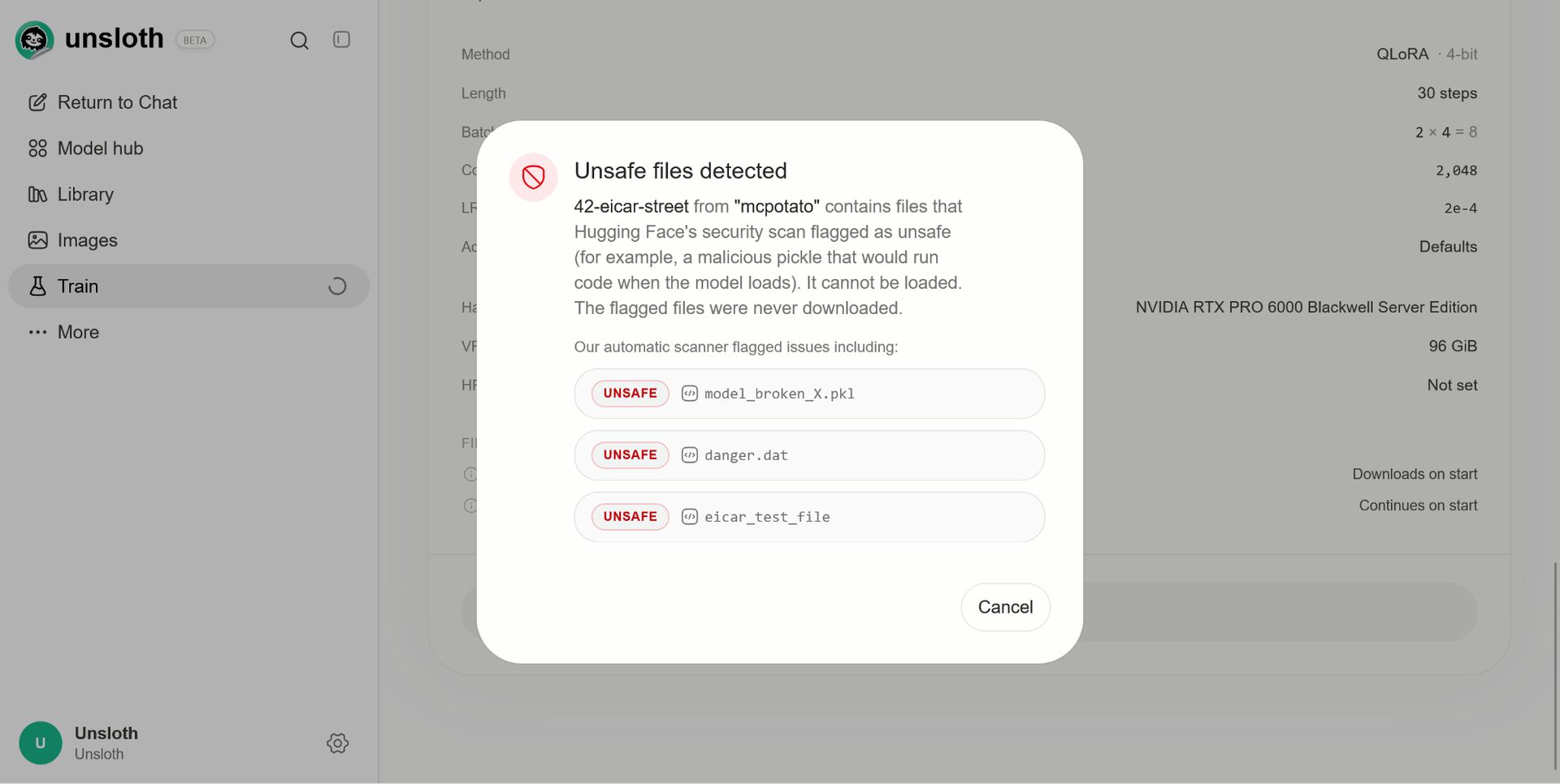 Unsloth blocking the EICAR test repository and listing unsafe files